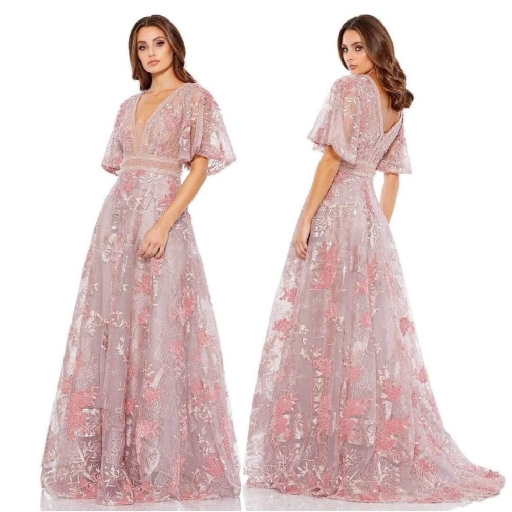 $798 Mac Duggal Embroidered Beaded Flounce Short Sleeve A Line Pink Gown 6 20262